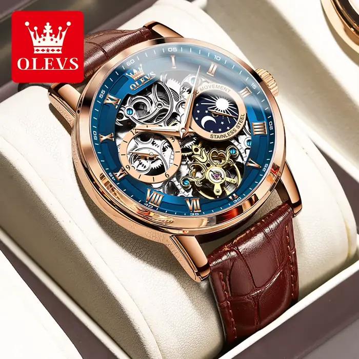 OLEVS hommes montres automatique mécanique montre Tourbillon Sport horloge en cuir décontracté affaires rétro montre-bracelet Relojes Hombre