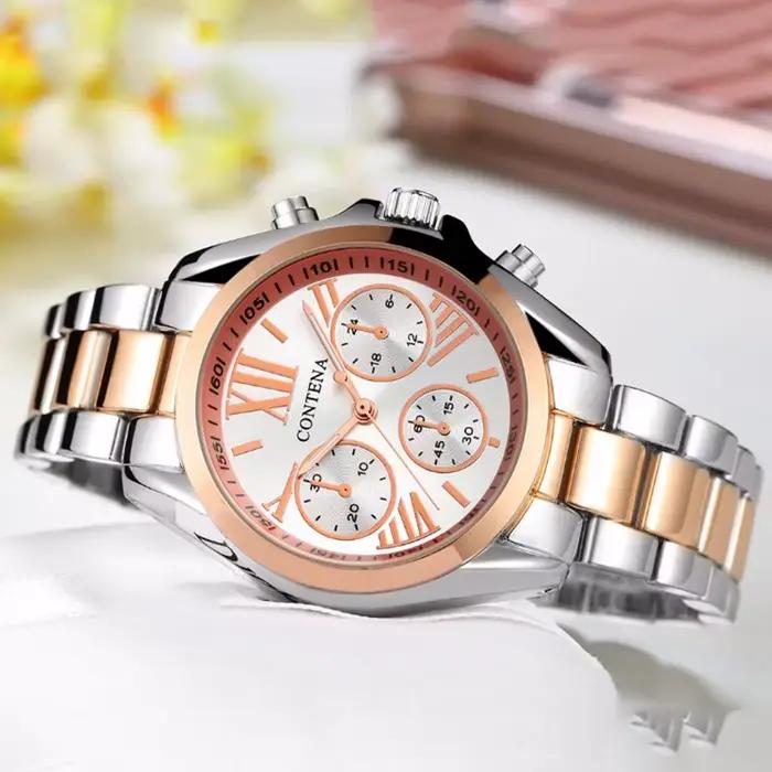 Montre en acier inoxydable JBAILI or rose élégante pour femmes occasions spéciales quartz mouvement fermoir de bracelet