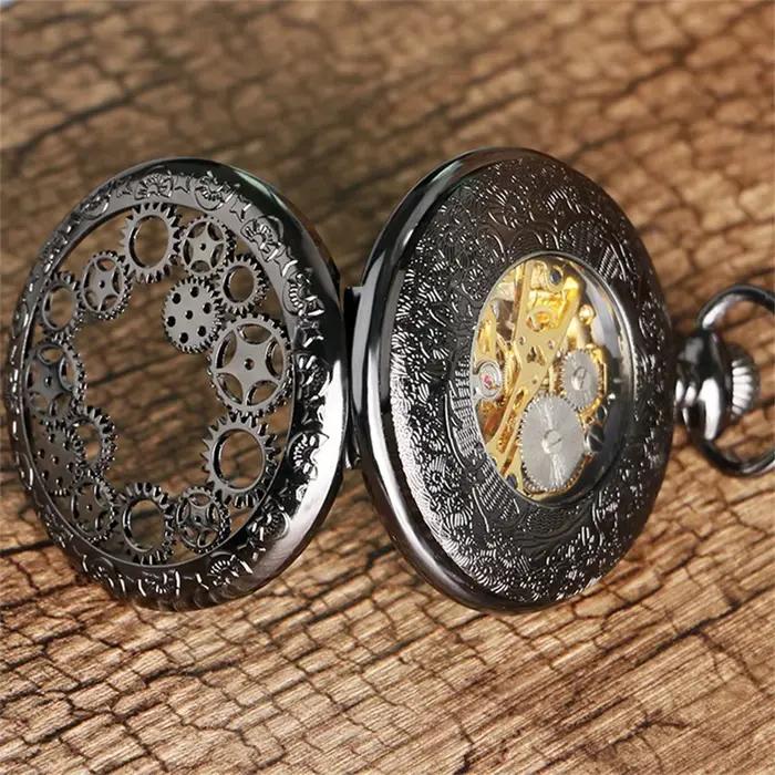 Montre de poche mécanique antique Steampunk design roue dengrenage transparente pendentif à remontage manuel homme occassions spéciales