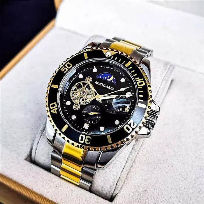 Tourbillon Phase de lune squelette montres mécaniques lunette rotative cadran lumineux luxe automatique montre pour hommes bracelet en acier inoxydable