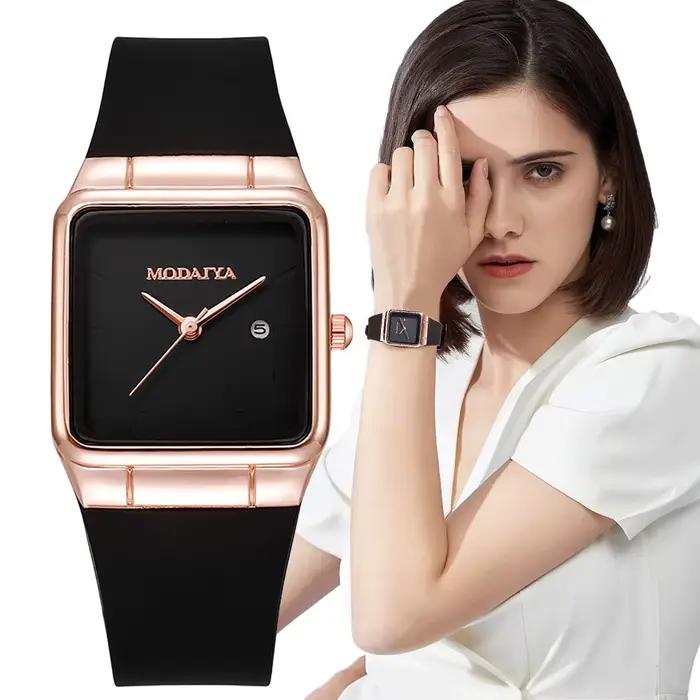Montre carrée noire élégante pour femme avec calendrier Quartz décontracté et bracelet silicone