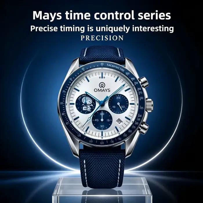 Montre chronographe sport de luxe OMAYS Limited 50e anniversaire avec bracelet en nylon bleu - Classique haut de gamme pour homme