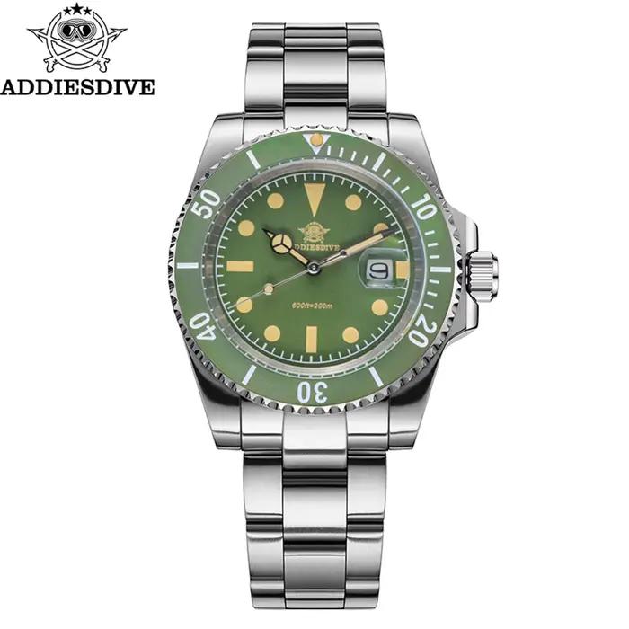 Montre plongeur homme ADDIESDIVE céramique verte résistante à l'eau 200m quartz avec lunette unidirectionnelle et bracelet acier inoxydable