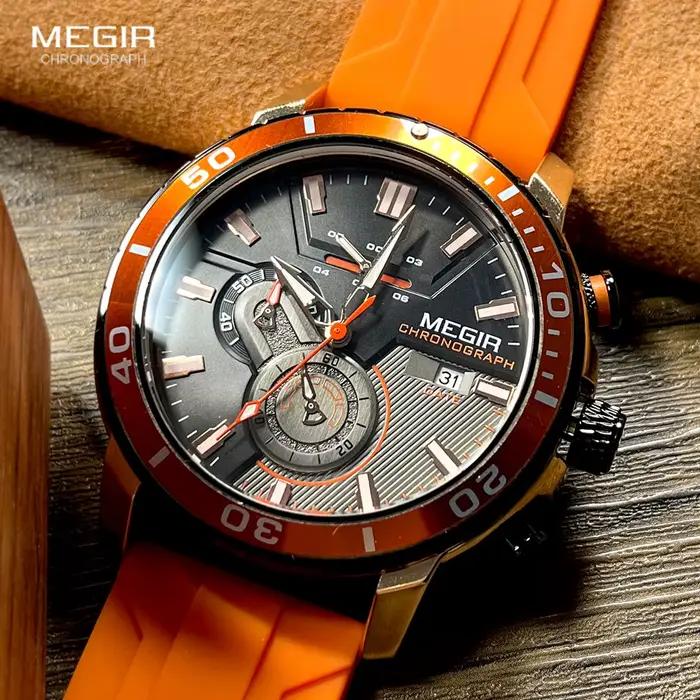 MEGIR montre de Sport Orange pour hommes mode bracelet en Silicone étanche chronographe montre-bracelet à Quartz avec Date automatique aiguilles lumineuses