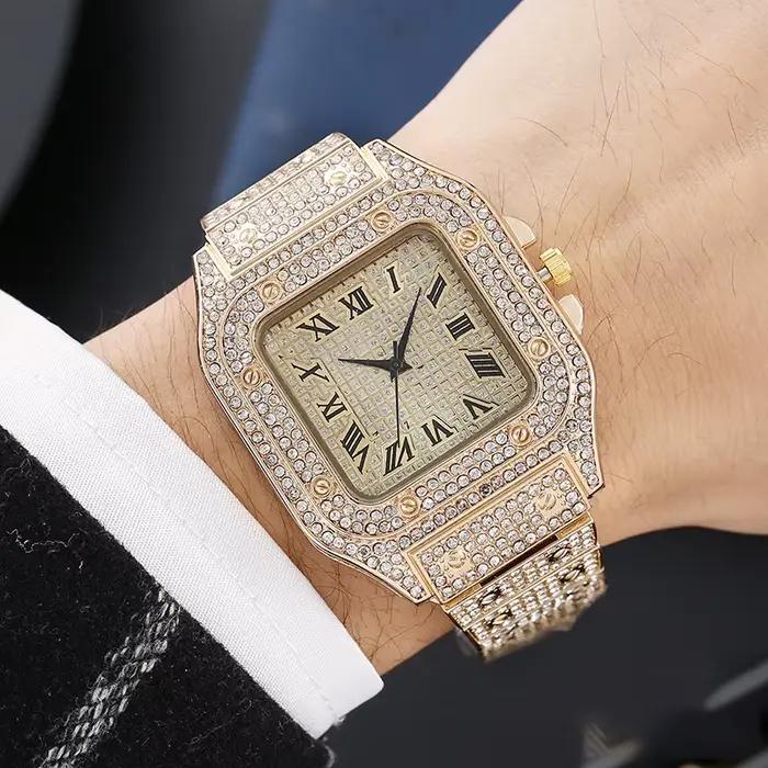 Montre carrée à ciel étoilé en acier avec diamants, mouvement quartz, affichage chiffre romain pour hommes occasions spéciales