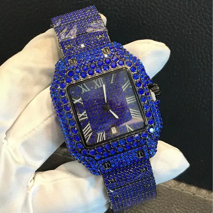 Montre glacée pour hommes plein diamant Reloj Mujer homme montre-bracelet à Quartz mâle nouveau noir or bleu vert dames carré Hip Hop horloge