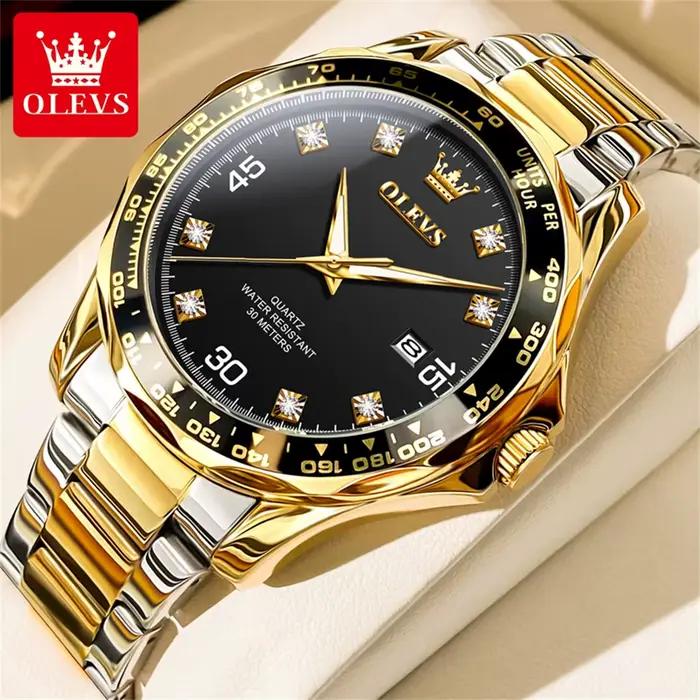 OLEVS montre à Quartz vert doré pour hommes marque de luxe plongée étanche bracelet en caoutchouc en acier inoxydable