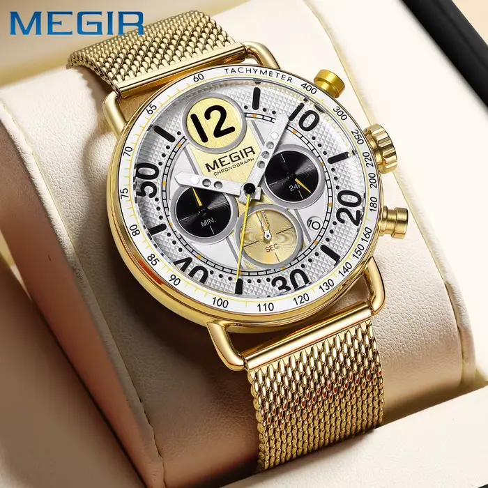 MEGIR homme d'affaires montre-bracelet Date chronographe étanche lumineux luxe hommes montre en acier inoxydable Quartz