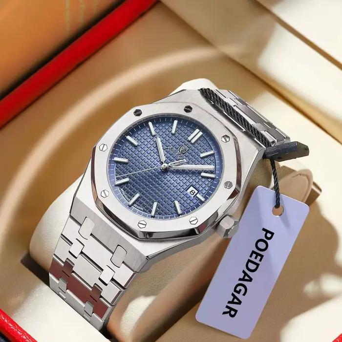 POEDAGAR Original luxe homme montre Date lumineux étanche en acier inoxydable hommes montre-bracelet mode affaires