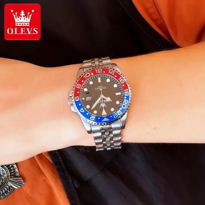 Montre-bracelet OLEVS en acier inoxydable lumineuse pour homme avec grande date et résistance à l'eau pour occasions spéciales et tenues formelles