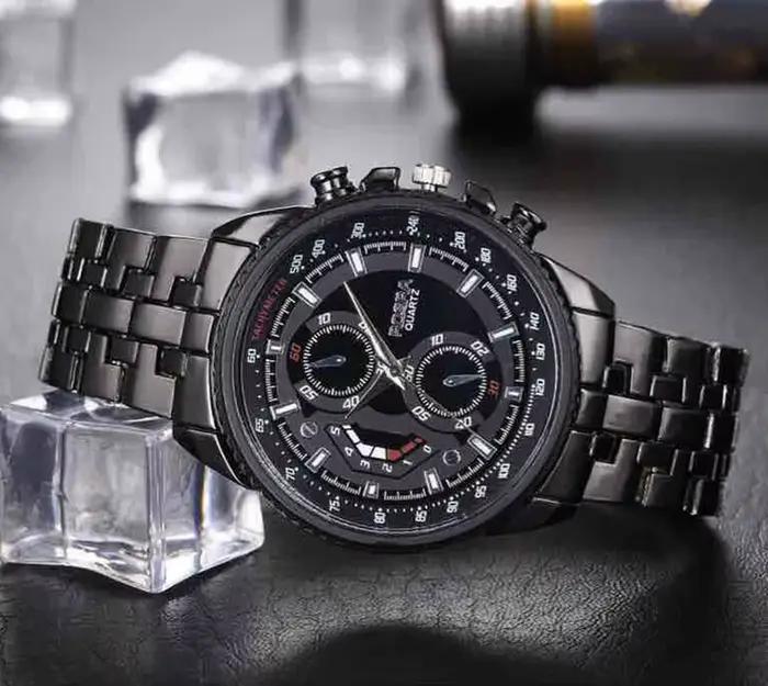 Montre de sport à quartz en acier inoxydable pour homme, montre-bracelet noire