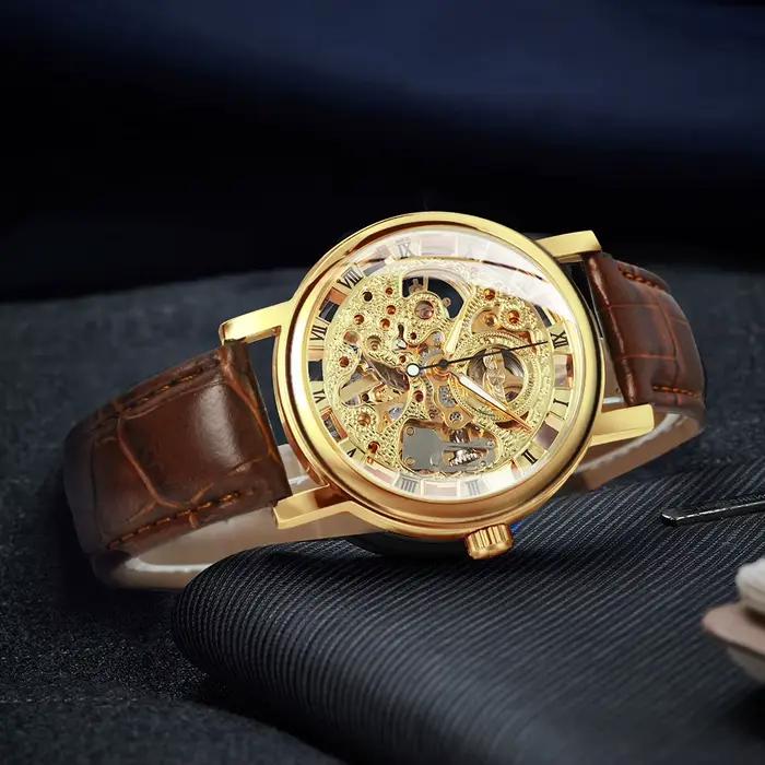 Montre homme Gagnant Seton avec boîtier doré transparent, bracelet en cuir, horloge mécanique de luxe, cadeau pour hommes occasions spéciales Saint Valentin Noël Carnaval