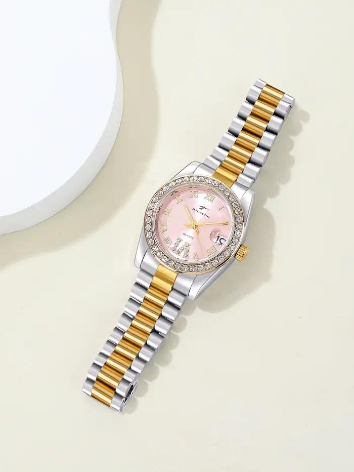 Montre à quartz de luxe pour femme bracelet en acier inoxydable bicolore lunette sertie de strass cadran à chiffres romains avec affichage de la date pour femmes occasions spéciales