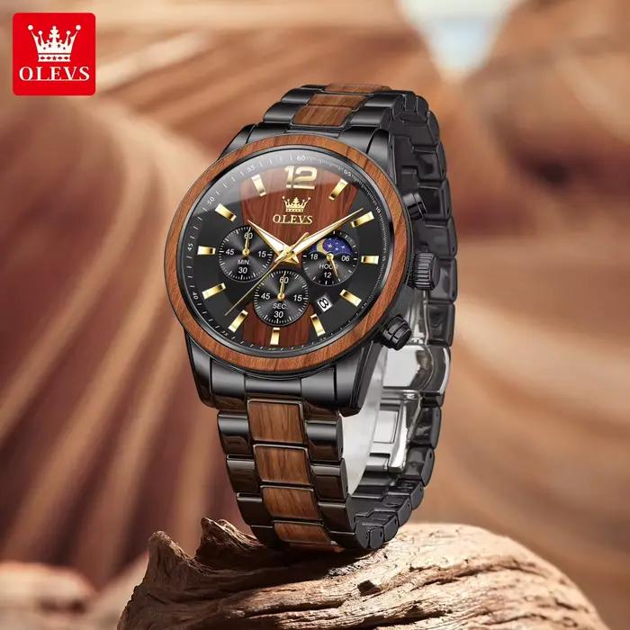Montre en bois multifonctionnelle OLEVS avec chronographe, calendrier complet et indication de la phase de la lune pour homme style fashion et casual occasions spéciales
