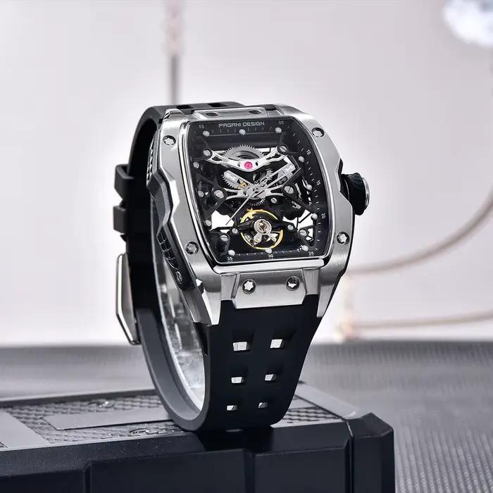 Montre-bracelet mécanique automatique pour homme en acier inoxydable saphir avec bracelet en caoutchouc pour occasions décontractées et élégantes