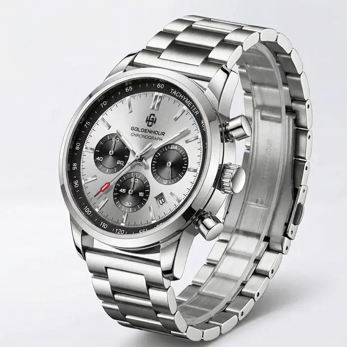 Montre GOLDEN HOUR en acier inoxydable avec fonction chronographe lumineuse et résistance à l'eau pour homme occasions spéciales et mode décontracté