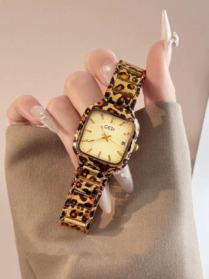 2025 Nouvelle montre de mode d'inspiration vintage pour femmes imprimé léopard boîtier carré en acier inoxydable montre-bracelet à quartz pour dames horloge cadeau