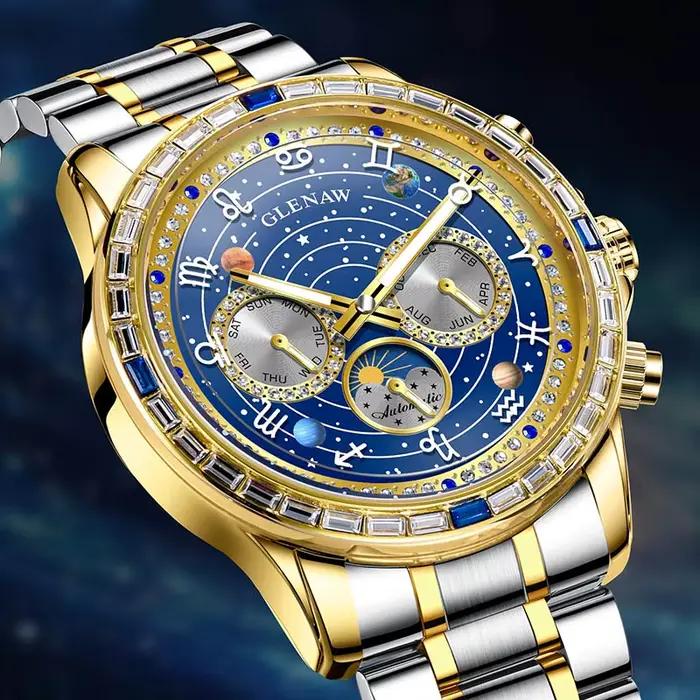 Glenaw haut de gamme affaires entièrement automatique mécanique multifonctionnel montre pour hommes à la mode étanche