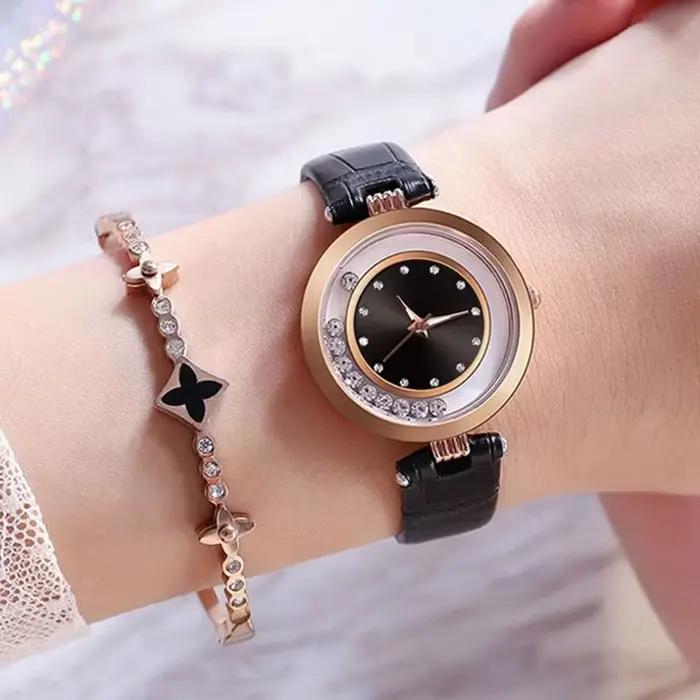 Montre à Quartz Analogique avec Ceinture en Cuir et Diamant pour Femme