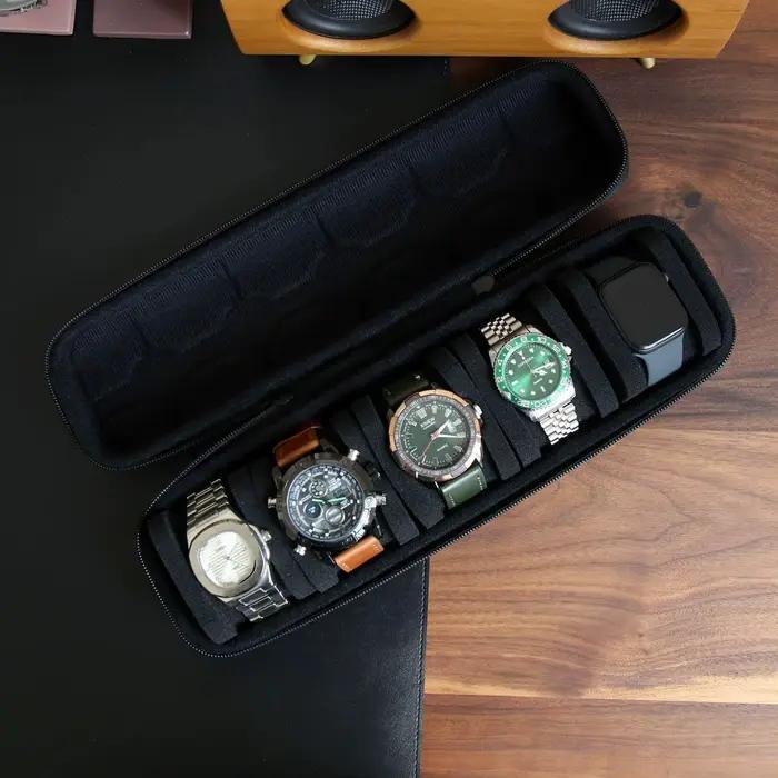 Boîte à montres cuir pour hommes et femmes, étui de voyage, support d'affichage, rangement portable pour montres-bracelets et montres intelligentes occasions spéciales