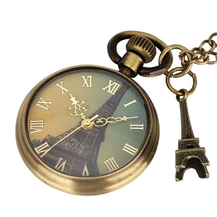Montre de poche unisexe à quartz analogique avec imprimé chiffres romains en bronze