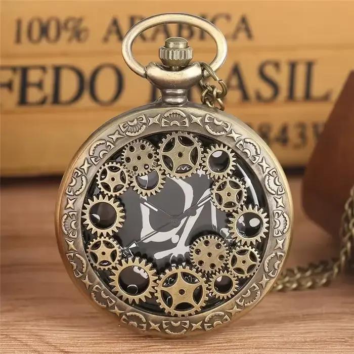 Montre de poche antique avec couvercle ajouré en forme de roue dentée, montre analogique à quartz pour hommes et femmes avec chaîne de collier, montre de collection