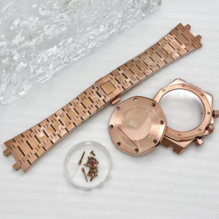 Boîtier de montre chronographe en acier inoxydable doré rose modifié 41 mm avec bracelet pour mouvement à quartz Oak