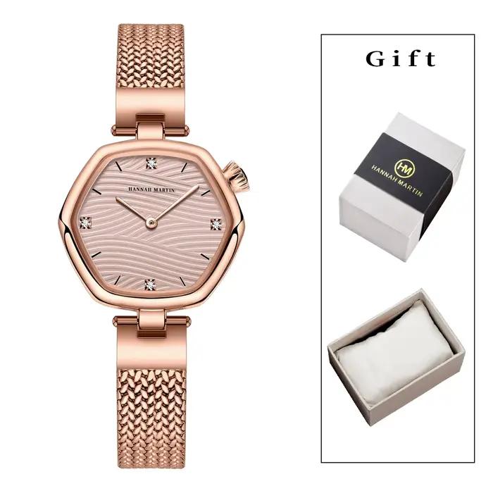2025 nouvelles femmes boîte-cadeau montre mode Hexagonal en acier inoxydable maille ceinture mouvement japonais or Rose