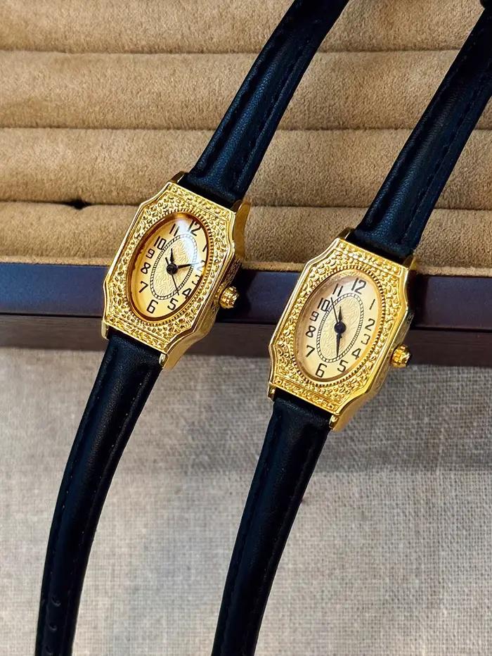 Montre à Quartz Élégante et Délicate Style Rétro Français Dorée Bracelet Cuir Occasions Spéciales