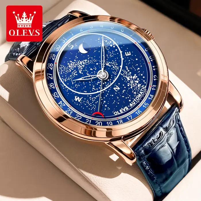 OLEVS 9923 montres mécaniques automatiques de Phase de lune pour homme bracelet en cuir de mode étanche ciel étoilé bleu