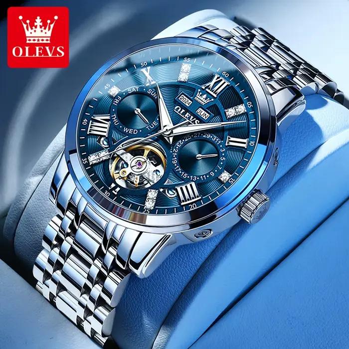 OLEVS 6701 homme montre haut tendance marque en acier inoxydable creux squelette volant automatique mécanique étanche