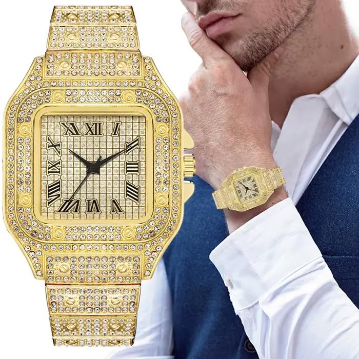 Classique luxe affaires hommes bracelet en acier carré échelle romaine strass montre à Quartz Lesiure homme montre-bracelet Relogio Masculino