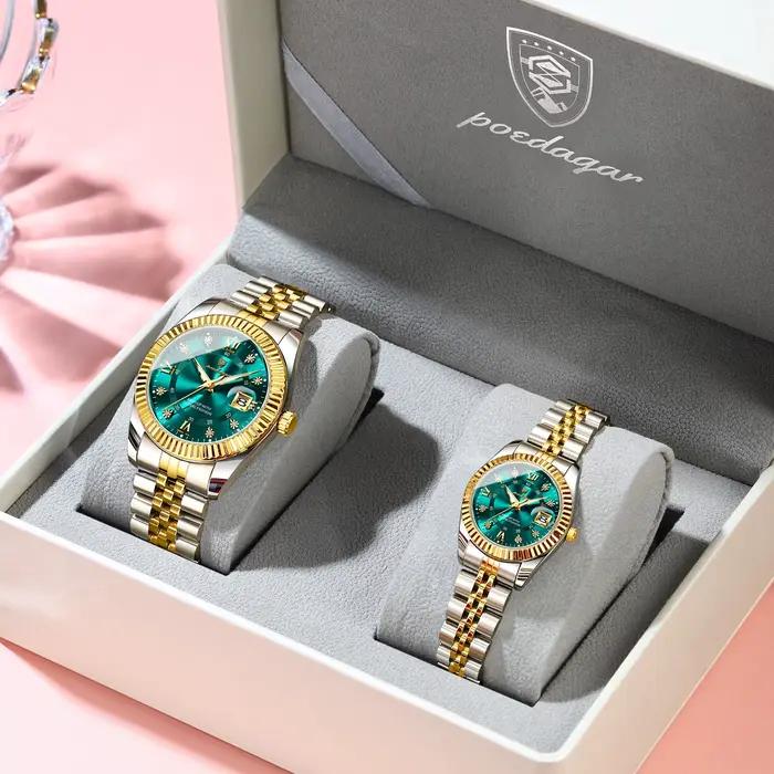 POEDAGAR Montres de luxe pour couple Date luminescente Classique