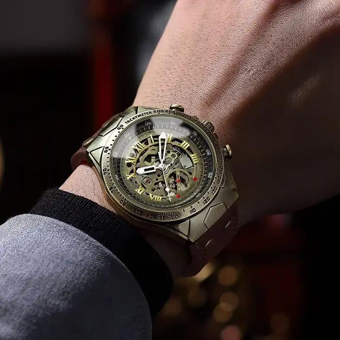 Binbond hommes montre mécanique mâle décontracté Bronze Style rétro automatique