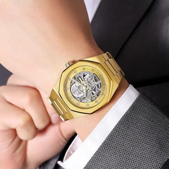 Montre squelette automatique pour hommes : acier inoxydable avec dos transparent et mouvement solide pour le style professionnel