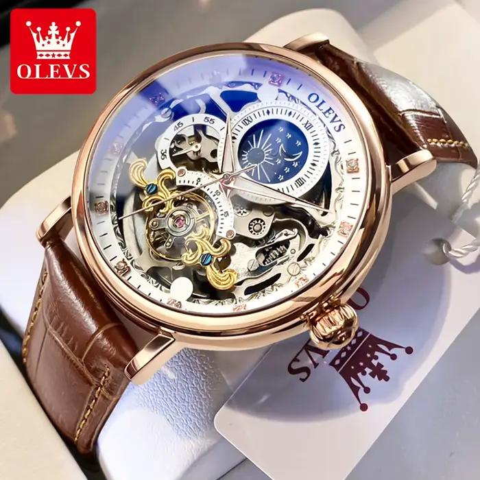 Montre mécanique OLEVS luxe avec tourbillon squelette phase de lune pour homme cuir résistant à l'eau occassions spéciales
