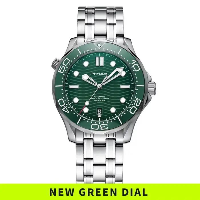 Montre PHYLIDA Acier Inoxydable 316L Cadran Vert Résistance 200m Occasions Spéciales Plongée Détente