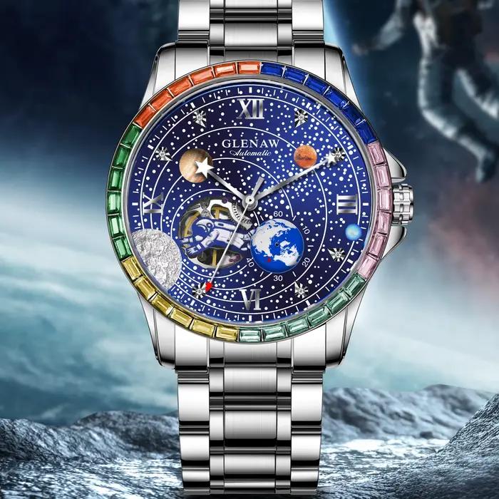 GLENAW nouvelle montre mécanique de terre rotative hommes cadran d'astronaute spatial veilleuse étanche bracelet en