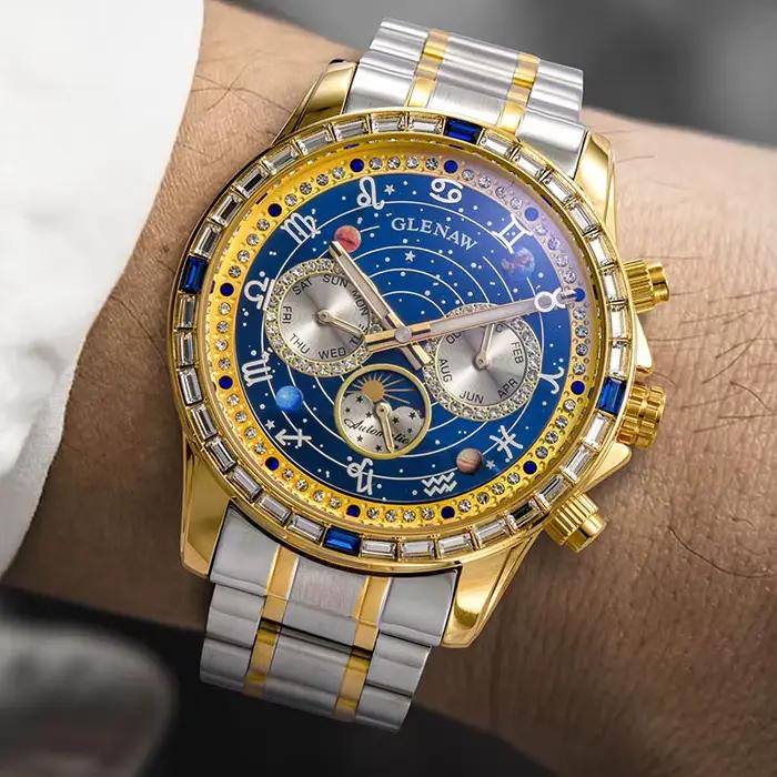 Montre Glenaw automatique homme acier inoxydable multifonctionnelle résistante à l'eau pour occasions spéciales élégantes