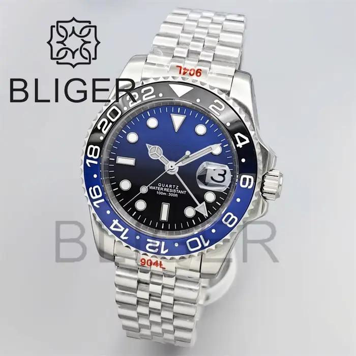 BLIGER 40mm GMT montres pour hommes 100M étanche Logo personnalisé céramique verre saphir acier inoxydable affaires