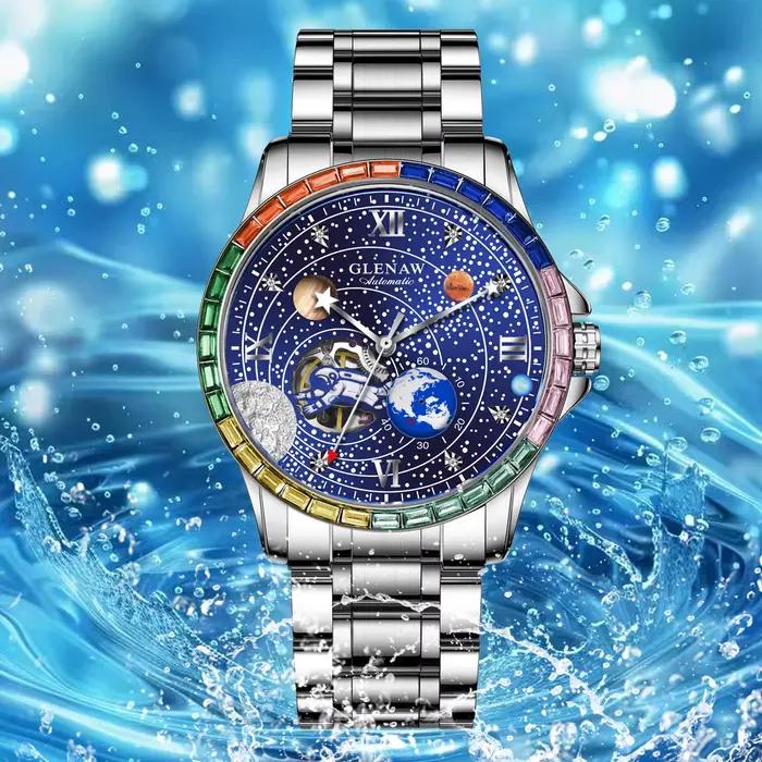 GLENAW Nouvelle Montre Mécanique Rotative Homme Cadran Astronaute Espace Lumière Nocturne Étanche Bracelet Acier