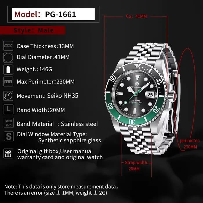 PAGRNE DESIGN NH35 montre mécanique automatique 41mm saphir cristal acier inoxydable étanche 10Bar