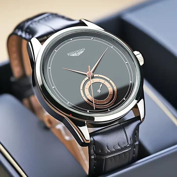 Montres analogiques à Quartz en cuir noir pour hommes d'affaires