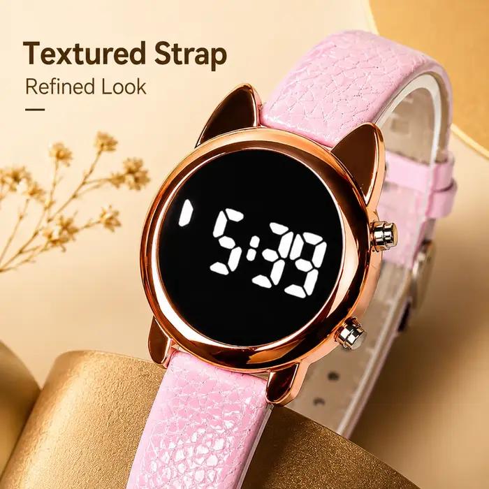 Montre numérique LED pour femme avec design oreilles de chat