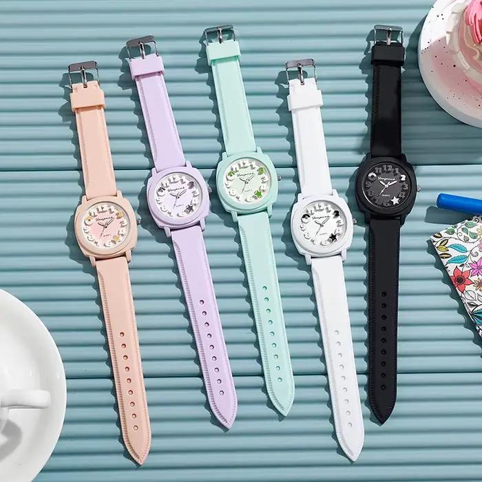 Montre élégante et décontractée carrée simple couleur bonbon pour femme occasions spéciales quartz mouvement silicone bracelet style casual