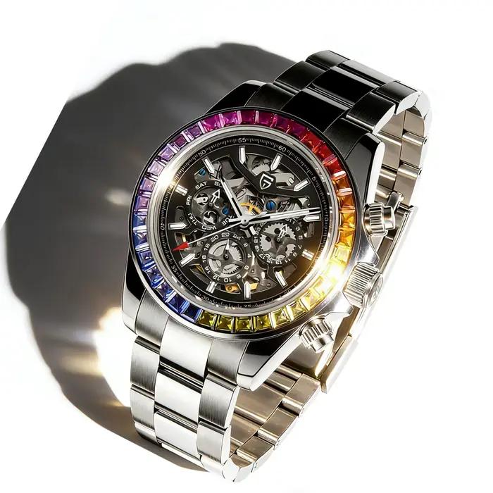 Montre mécanique automatique pour homme PAGANI DESIGN avec lunette sertie de pierres précieuses colorées