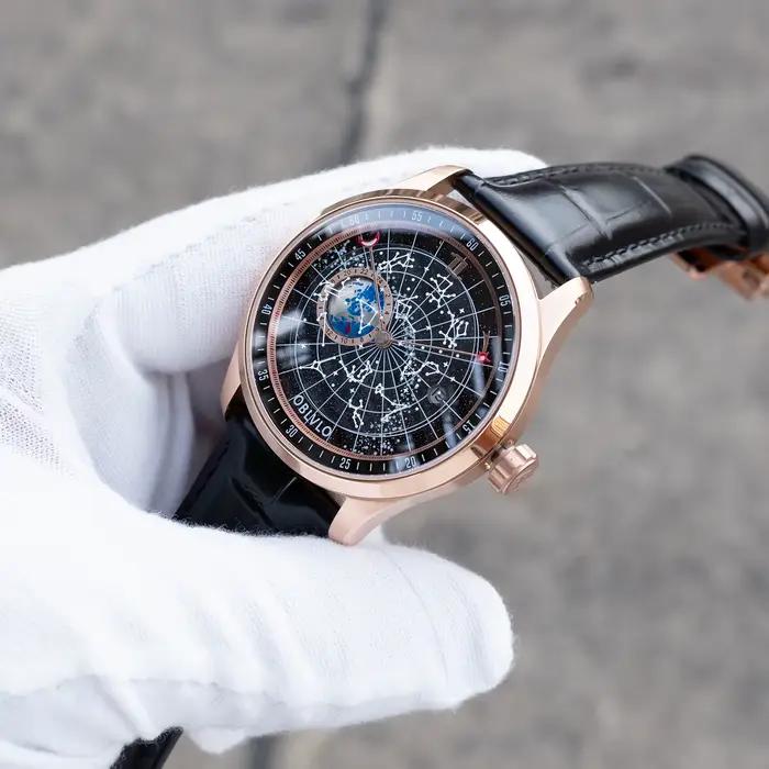 OBLVLO montre mécanique de luxe pour hommes en or Rose cadran noir lumineux avec lunette en cristal bracelet en cuir terre étoile horloge automatique GC