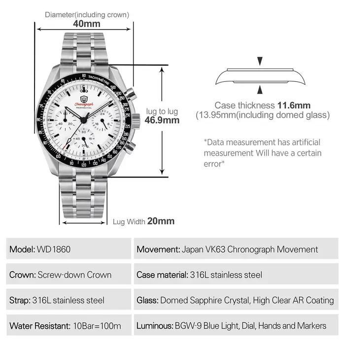 Watchdives WD1860 montres chronographe de sport VK63 montre-bracelet à Quartz Ar saphir Bgw9 acier inoxydable 200M étanche 40Mm montre