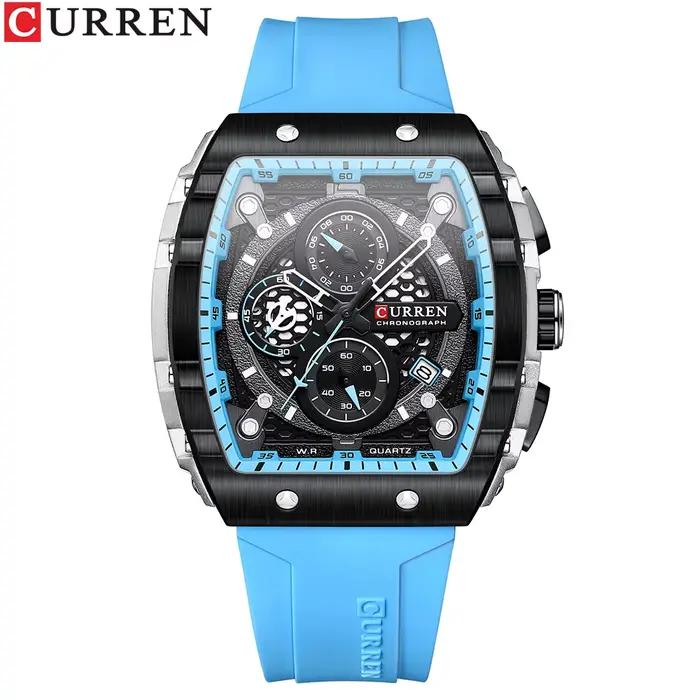 CURREN Tonneau cadran montre de Sport pour hommes mode montre-bracelet à Quartz étanche avec Date automatique bracelet en Silicone jaune lumineux