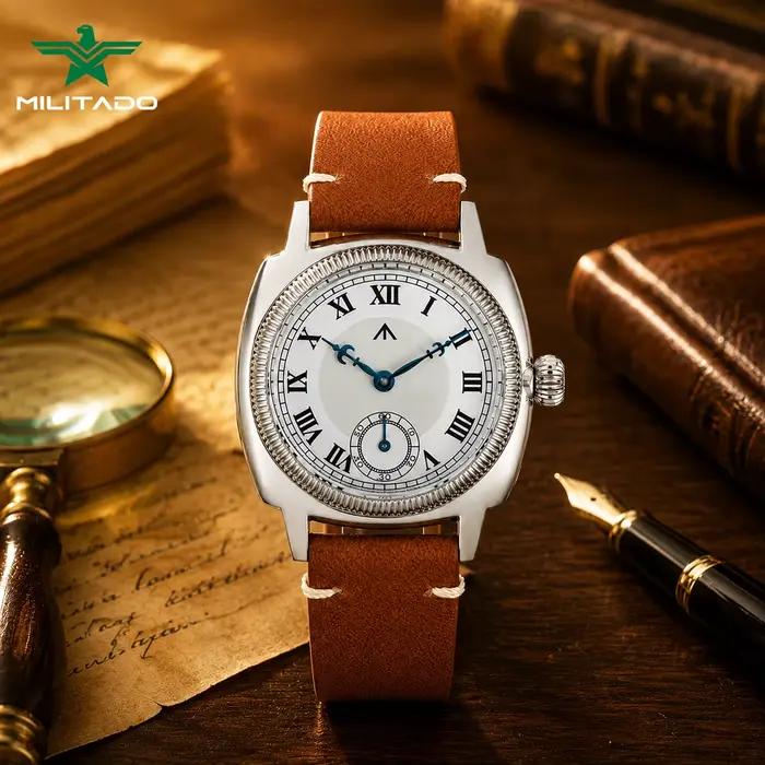 Montre Militado ML03 Vintage Quartz Boitier Carré Rétro Étanche 100M Bracelet Cuir Verre Saphir Occasions Spéciales Femme Homme Plongée Voyage